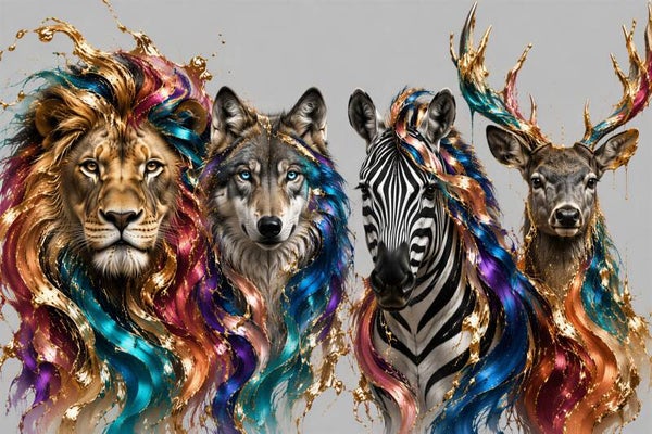 Bewakers van het Wild – leeuw wolf zebra en hert schilderij