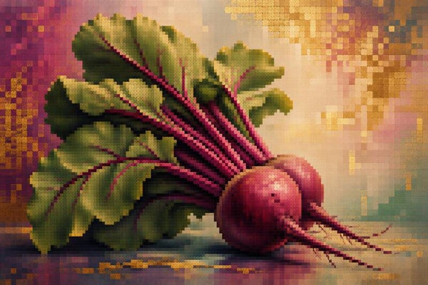 Biet & Blad – kleurrijke bieten wanddecoratie in pixelstijl met goudaccenten