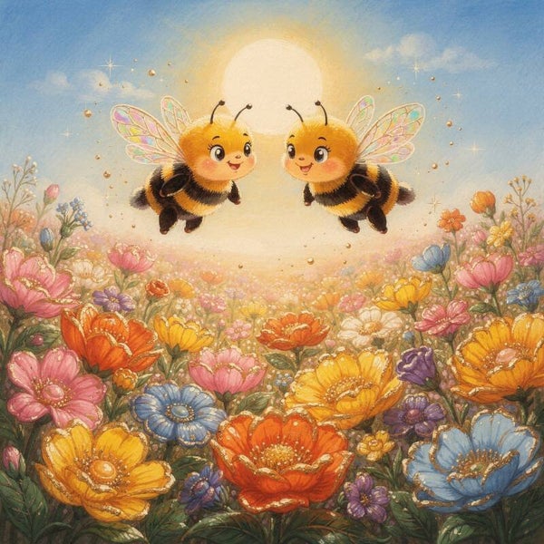 Zonnespel – bijen schilderij bloemenveld kinderkamer wanddecoratie