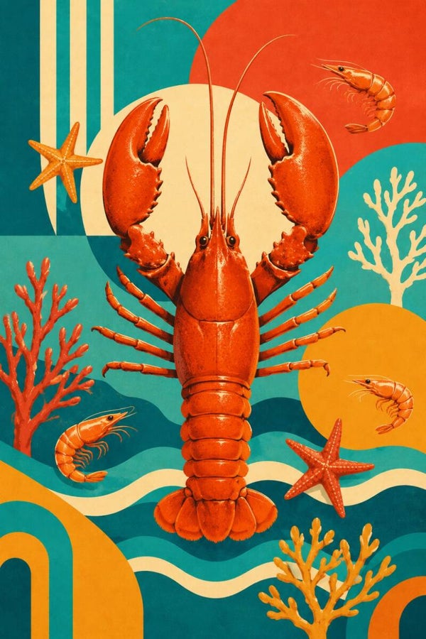 Retro Kreeft Reef – vintage pop-art schilderij kreeft met garnalen en koraal