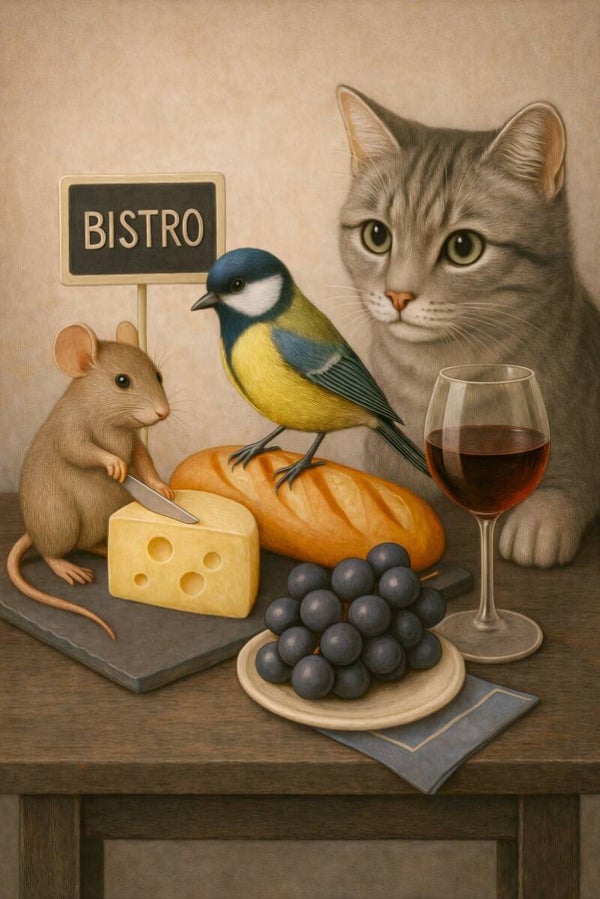 Bistroavond – schilderij dieren met brood, wijn en kaas