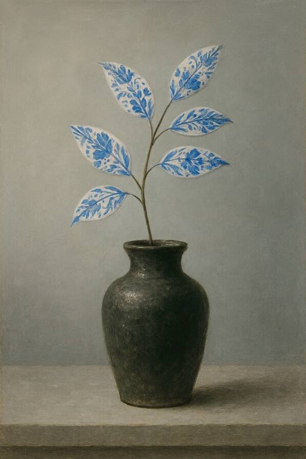 Bladeren in Delfts blauw – Minimalistisch stilleven schilderij