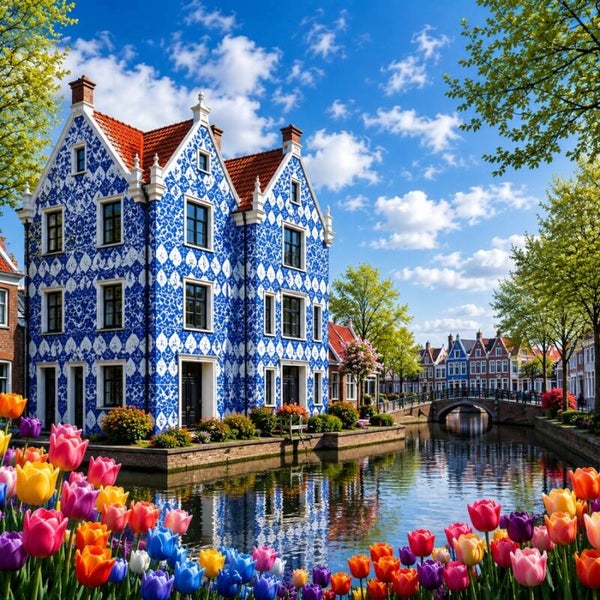 Blauw aan de Gracht – Delfts blauw schilderij van Hollands straatbeeld