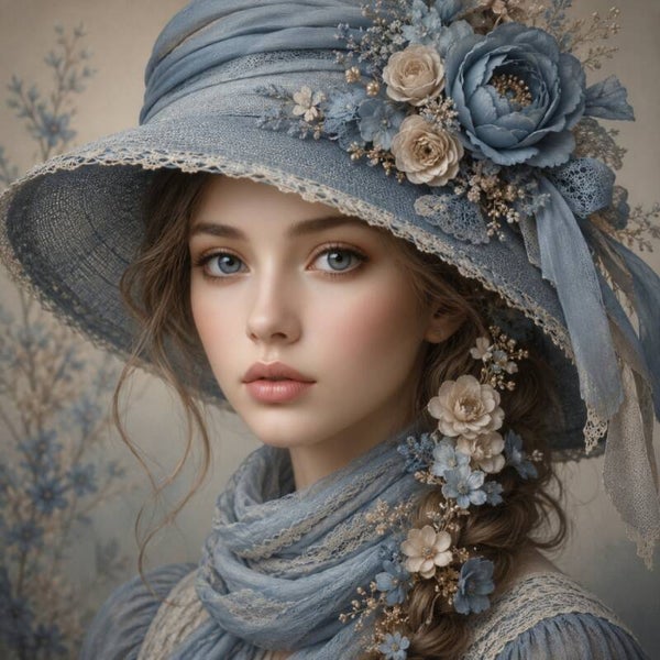 Blauw Getij – portret schilderij met bloemenhoed en zachte blauwtinten
