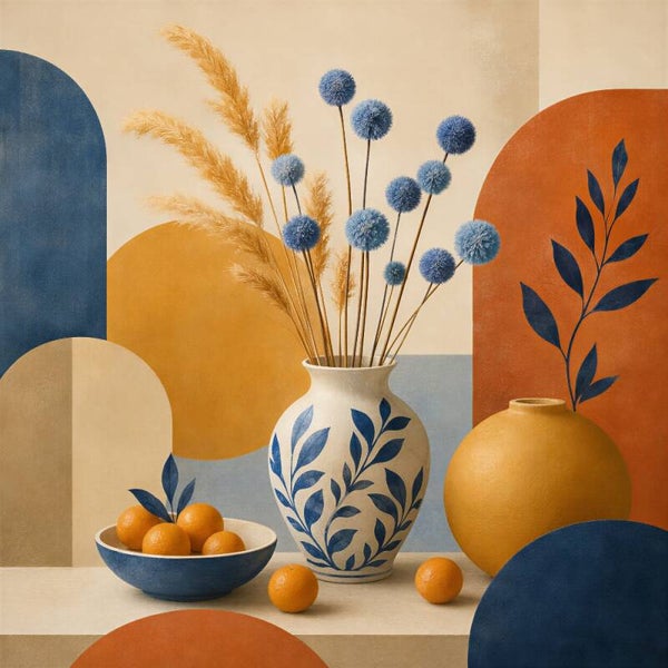 Blauw & Oker in Bloei – abstract keuken schilderij bloemen vaas oranje blauw