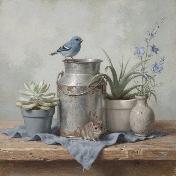 Blauw op het Venster – schilderij met vogel, muis en planten in landelijke stijl