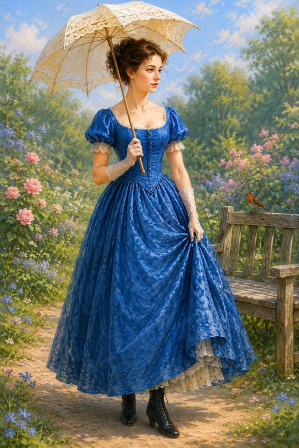 Blauw Vergezicht – klassiek schilderij van vrouw met parasol in bloementuin