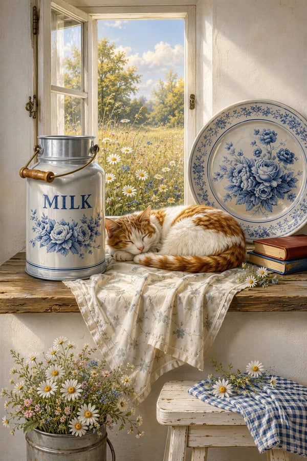Blauw Wit en Stilte – landelijk schilderij kat delfts blauw raam