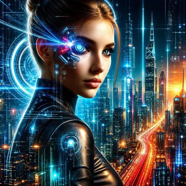 Neural Skyline – Cyberpunk schilderij futuristische vrouw neon art