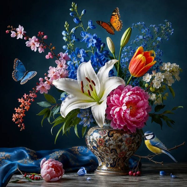 Blauwe Harmonie – Bloemen schilderij met lelie, koolmees en vlinders