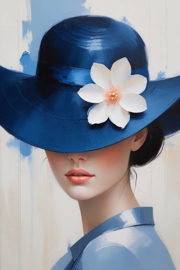 Blauwe Magnolia – vrouw schilderij met blauwe hoed en bloem