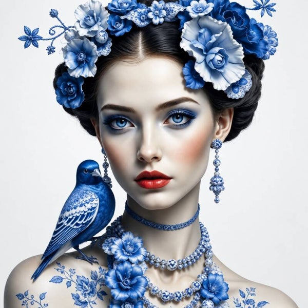 Blauwe Muze – Delfts blauw portret met vogel en bloemen