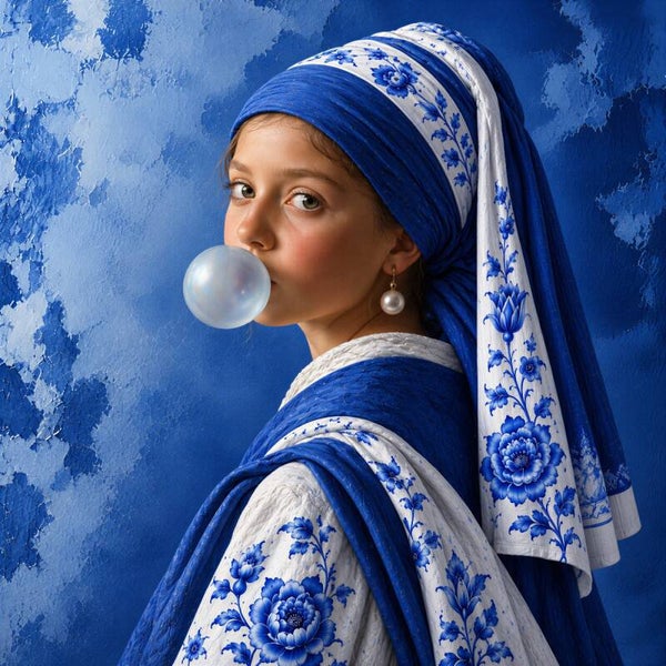Blauwe Pareldroom – Meisje met de Parel schilderij met blauwe kauwgombel