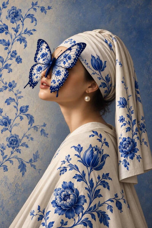 Blauwe Parelvlinder – Meisje met de Parel schilderij in Delfts blauw