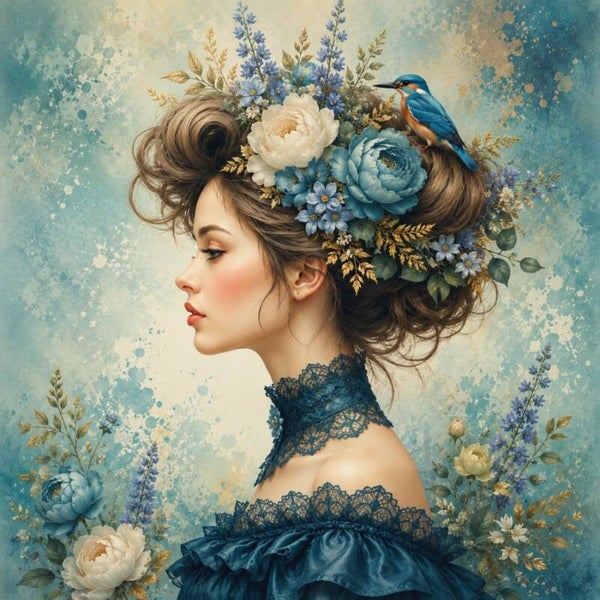 Blauwe Serenade – schilderij vrouw met ijsvogel en bloemen