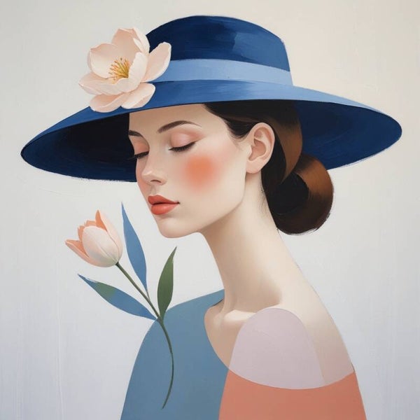 Blauwe Serenade – vrouw schilderij met blauwe hoed en bloem