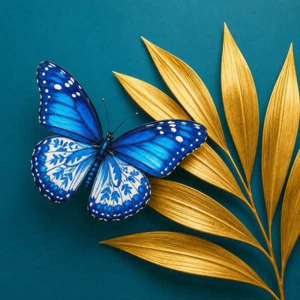 Gouden Vleugels – vlinder schilderij in Delfts blauw en goud