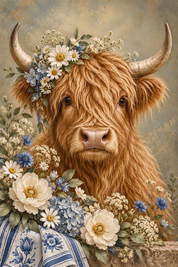 Blauwe Weidekoningin – Hooglander schilderij met bloemen in landelijke Delfts blauwe stijl