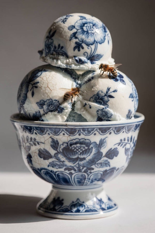 Blauwe Zoetheid – Delfts blauw ijs schilderij met bijen