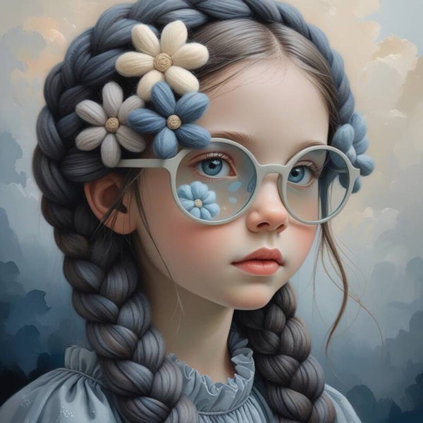 Blauwstilte – Meisje met vlechten, bril en vilten bloemen