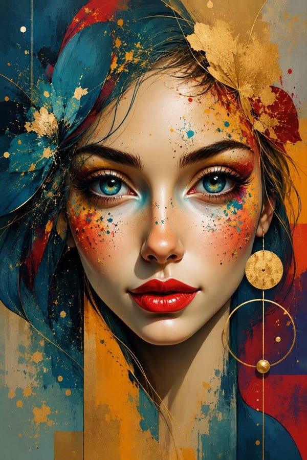 Blikvanger in Kleur – abstract vrouw schilderij met blauw, goud en rood