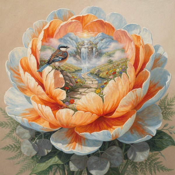 Bloempad naar Stilte – romantisch landschap schilderij met vogel en waterval