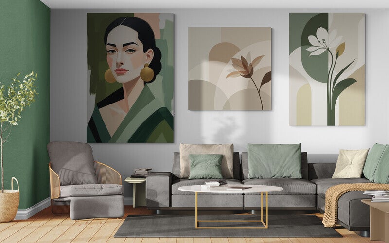 Bloemen en portretten combineren – bloemenschilderijen als stijlvolle wanddecoratie in een modern interieur