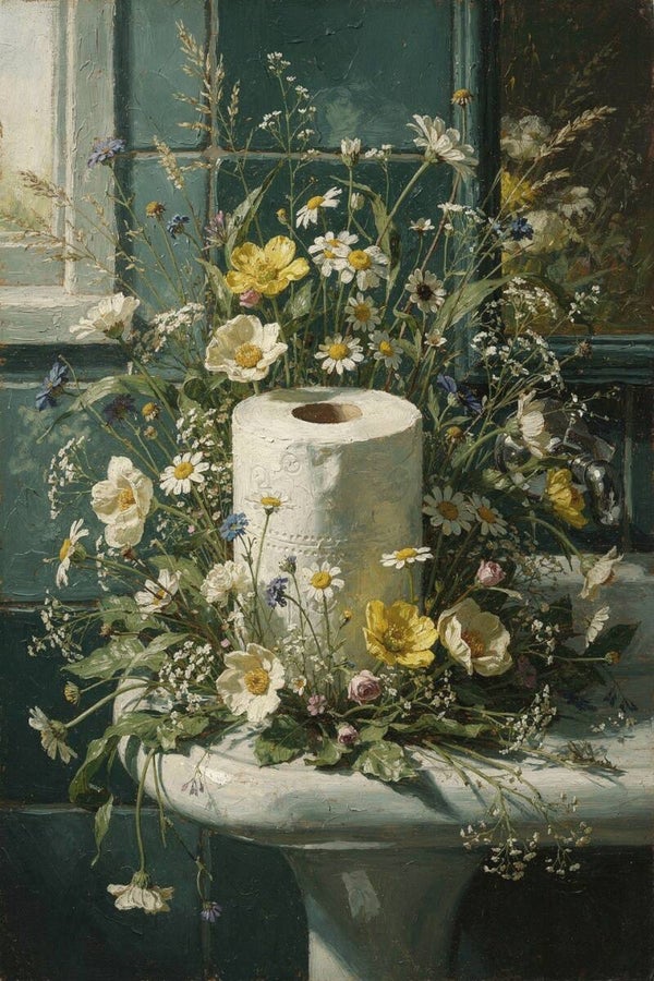 Bloemen aan de Wastafel – schilderij met toiletrol en veldbloemen