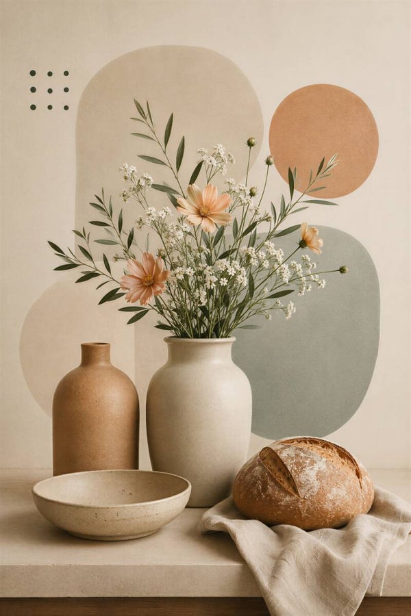 Bloemen bij het Brood – landelijk keuken schilderij vaas bloemen beige groen