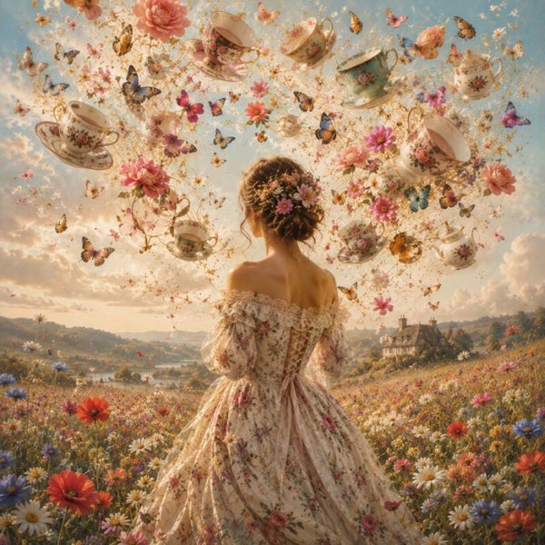 Bloemen boven de Theetuin – Romantisch schilderij met zwevende theekopjes en vlinders