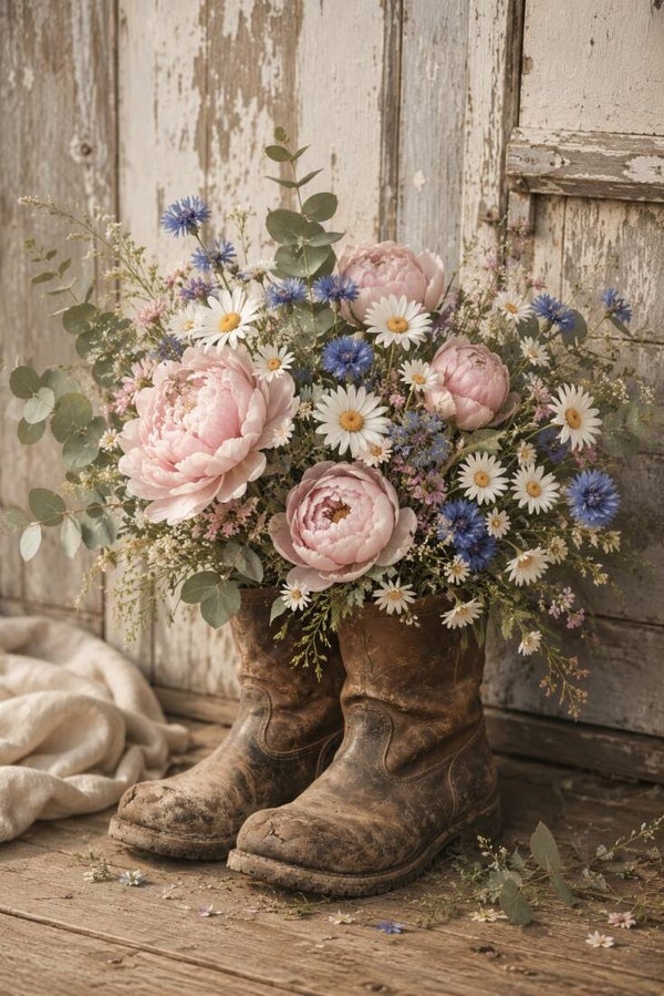 Bloemen in laarzen – landelijk schilderij met pioenrozen en veldbloemen
