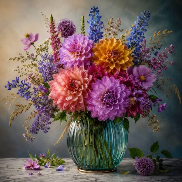 Kleurenmelodie – Dahlia schilderij met glazen vaas