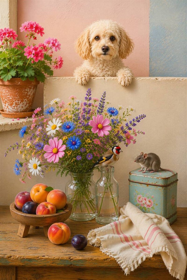 Bloemen vol Vrienden – landelijk schilderij hond putter muis bloemen