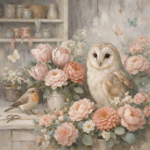 Bloemenatelier bij Dageraad – schilderij met uil en roodborstje tussen bloemen