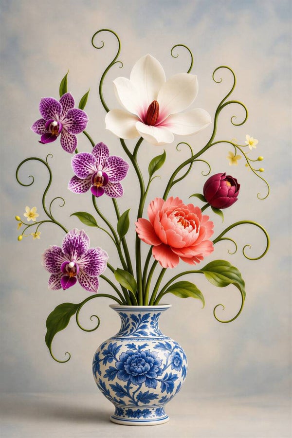 Bloemenballet in Delfts Blauw – orchidee schilderij met magnolia en pioenroos