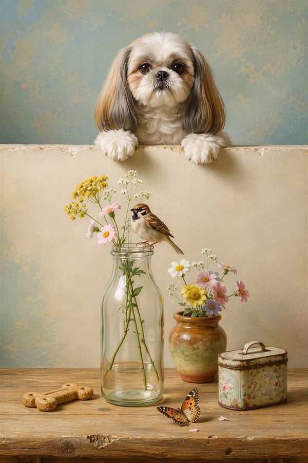Bloemenfles vol Vriendjes – landelijk schilderij Shih Tzu mus bloemen