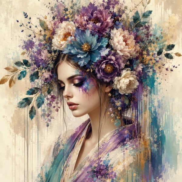 Bloemenfluistering – schilderij vrouw met paarse bloemenkroon