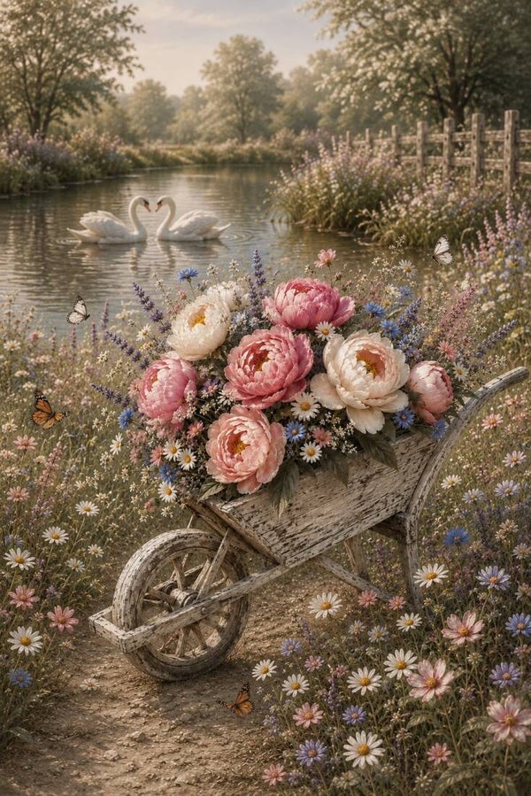 Bloemenkar aan het Water – landelijk schilderij met bloemen en zwanen
