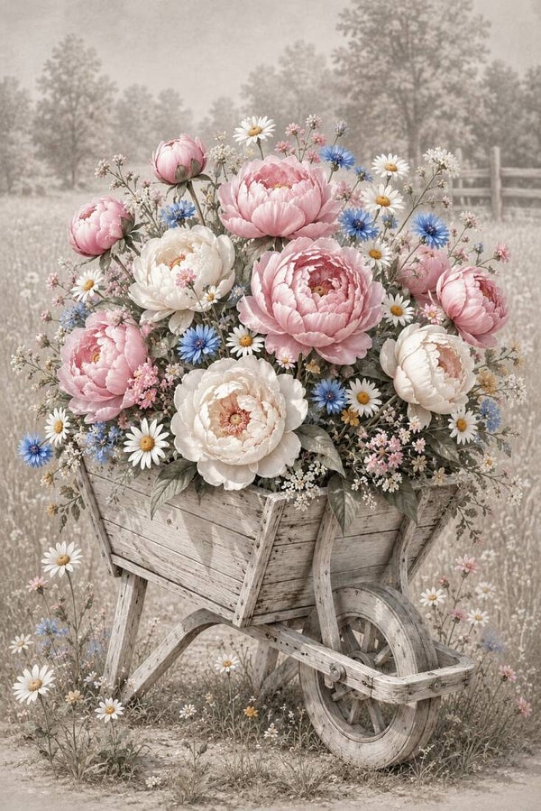 Bloemenkar vol Pioenrozen – landelijk schilderij met romantische bloemen