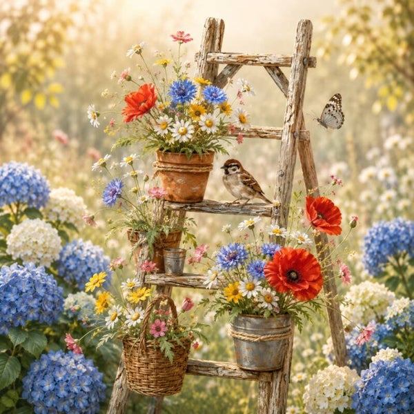Bloemenladder tussen Hortensia's – landelijk schilderij met musje en veldbloemen