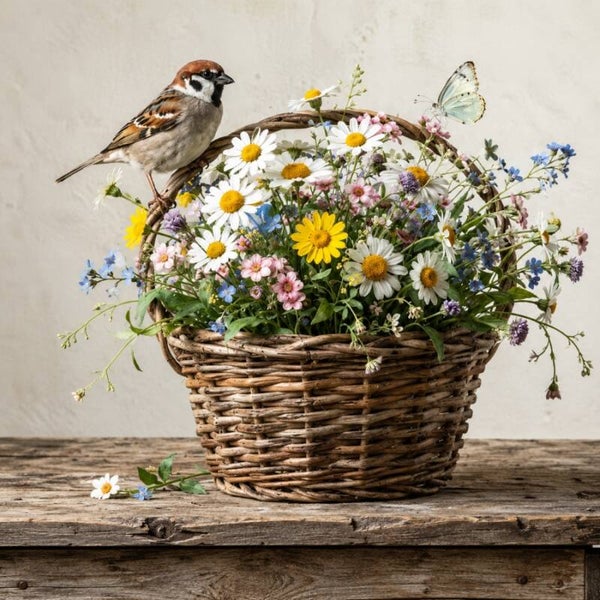 Bloemenmand met Musje – landelijk schilderij met veldbloemen