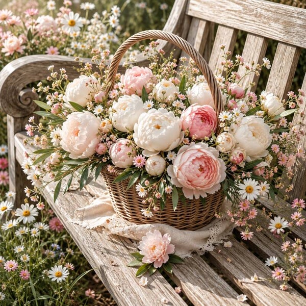 Bloemenmand op tuinbank – landelijk schilderij met romantische tuinbloemen