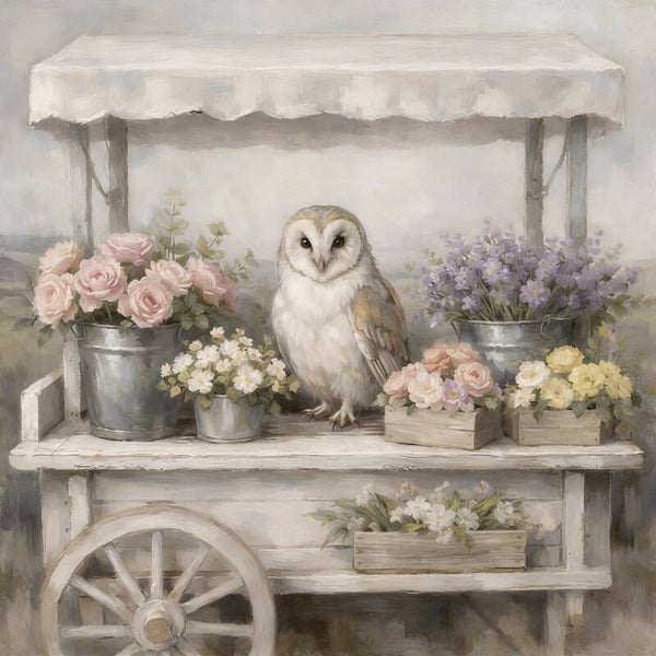 Bloemenmarkt van de Uil – schilderij met uil tussen bloemen