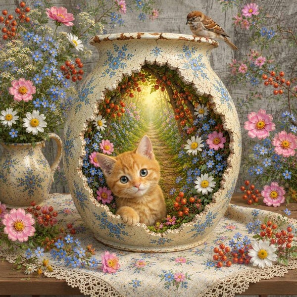 Bloemenpad naar Huis – poes schilderij met bloemenvaas en mus