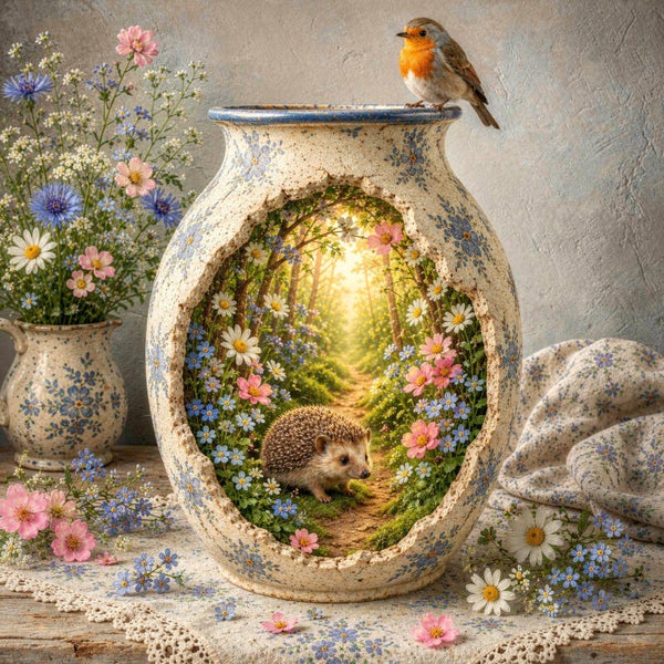 Bloemenpad van de Egel – landelijk schilderij met egel en roodborstje