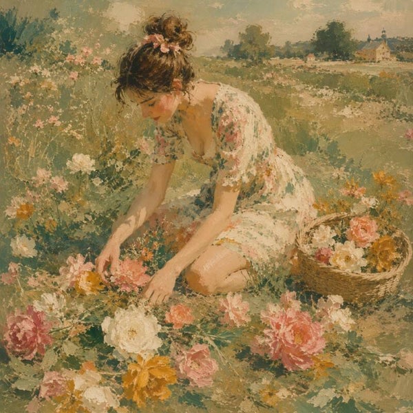 Bloemenplukster – schilderij vrouw in bloemenveld