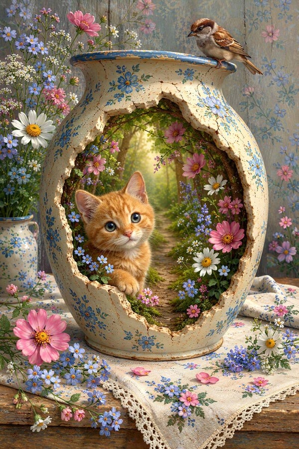 Bloemenpoortje van Belle – landelijk schilderij met kat en mus