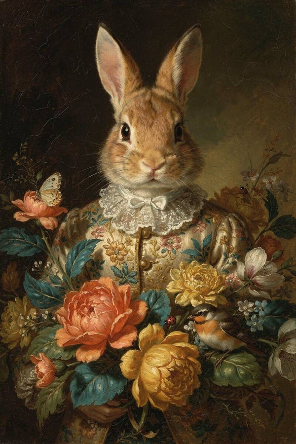 Bloemenportret Konijn – schilderij konijn met bloemen, vintage en botanische sfeer