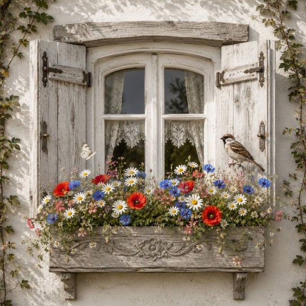 Bloemenraam met Mus – landelijk schilderij met bloemen en vogel