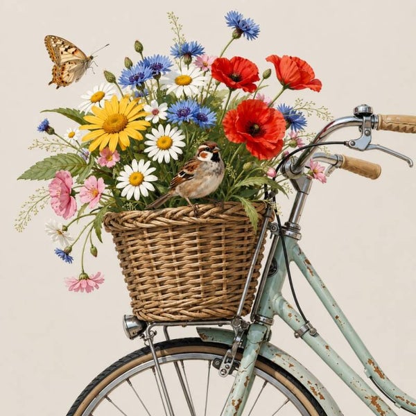 Bloemenrit – landelijk schilderij met fiets, veldbloemen en musje